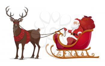 Santa sleigh with reindeer and Christmas gifts. Xmas and New Year winter holidays vector design of cartoon Santa Claus with red bag of presents in snow sledge with flying deer and bells