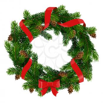 Christmas wreath of Xmas and New Year winter holidays decoration. Christmas tree round frame with red bow and ribbon, pine cones, fir and spruce evergreen plant branches, vector design