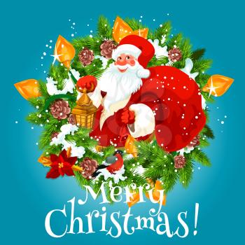 Santa with Christmas gifts, Xmas and New Year winter holidays vector greeting card. Santa Claus with red bag or sack and present in frame of Christmas tree, balls and snow, ribbon bow and poinsettia