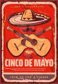 Cinco de Mayo Mexican holiday fiesta celebration retro poster for greeting card or party flyer. Vector jalapeno, guitar or sombrero and mustache for Mexican traditional Cinco de Mayo celebration