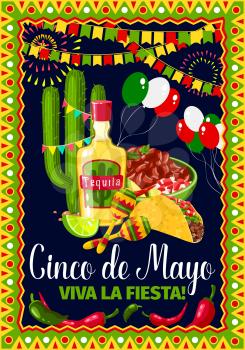 Cinco de Mayo greeting card for Mexican holiday fiesta celebration. Vector design of traditional Mexico symbols of jalapeno pepper and cactus tequila, tacos and balloons for Cinco de Mayo party