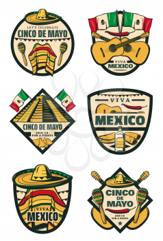 Cinco de Mayo Mexican holiday sketch icons for Mexico traditional celebration greeting card. Vector jalapeno pepper, sombrero and poncho or maracas, mustache and Mexican flag for Cinco De Mayo
