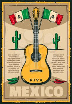 Cinco de Mayo Mexican holiday sketch poster of Mexico flag and jalapeno peppers for traditional fiesta celebration. Vector greeting card retro sketch guitar and cactus for Mexican Cinco De Mayo 5 May