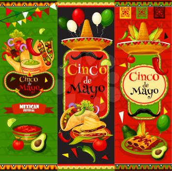 Cinco de Mayo fiesta celebration banners of tequila, jalapeno pepper or cactus and mustache. Vector traditional Cinco de Mayo Mexican holiday burrito and avocado guacamole for Mexico 5 May festival