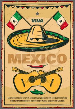 Cinco de Mayo Mexican holiday poster or greeting card in retro sketch design. Vector Viva Mexico greeting card of Mexican flag on sombrero, jalapeno pepper and guitars for 5 May fiesta celebration