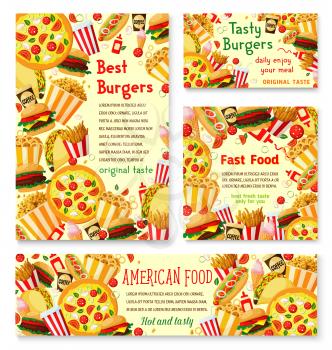 Fast food burger cafe menu posters or banners design template for fastfood restaurant bistro. Vector cheeseburger or hamburger and hot dog sandwich, donut cake and coffee or soda, pizza or fries
