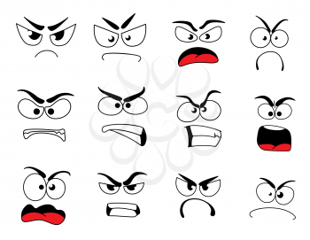 Angry human face with negative emotions icon. Upset emoticon with grumpy, evil and mad smile, furious smiley and irritated emoji cartoon character for feeling, mood or facial expression theme design