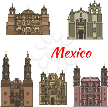 Travel landmark of mexican roman catholic architecture icon set. Temple of Saint Pedro Apostol, Aguascalientes and Oaxaca Cathedral, Basilica of Our Lady of Solitude and Zacatecas Cathedral