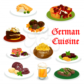 German cuisine icon of traditional food. Mashed potato with fish and meat labskaus, sausage and meat roll, cabbage stew, salmon fish pie and beef steak, meatball and chocolate cherry cake