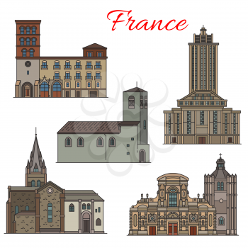 French architecture travel landmark thin line icon set. Roman catholic St Joseph Church, Havre Cathedral and Crypt of St Laurent Church, Collegiate Church of St Andre and Grenoble Cathedral