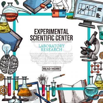 Experimental scientific center poster with laboratory equipment and lab glass frame. Chemical test tube, flask and beaker, book, scientific experiment tool and computer sketch for web banner design