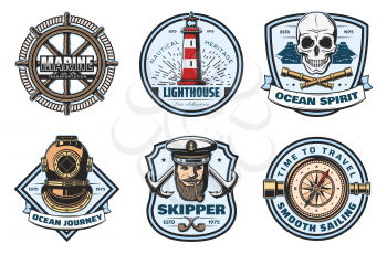 Nautical retro badge of marine transportation and ocean travel. Sea anchor, boat helm and steering wheel, lighthouse, captain and pirate skull, vintage compass, rope and chain heraldic symbol