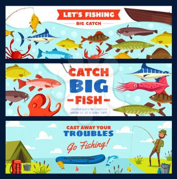 Fishing banner with fisherman and fish on hook. Fisher with rod and fish catch on river bank, freshwater perch, pike and carp, marlin, salmon and trout for fishing sport club camp design