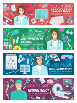 Health care baner of cardiology, neurology, infectiology and ophthalmology medicine. Cardiologist, neurologist, ID specialist and ophthalmologist doctor poster for medical service design
