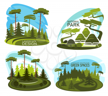 Landscape design and gardening service icon of national park tree. Ecology nature plant, grass lawn and shadow alley of city garden, eco forest and summer square for landscaping company emblem design