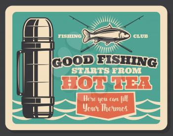 Fishing sport retro banner template. Fisherman club badge of fish and crossed rod with water wave and vacuum flask of hot tea for sporting hobby or outdoor activity vintage poster design