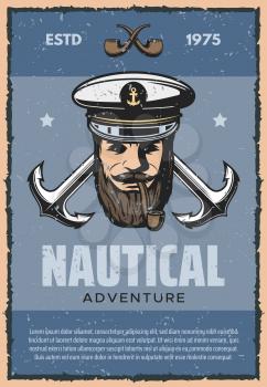 Nautical adventure vintage banner for sea travel themes design. Old anchor and marine ship captain with tobacco pipe and cap retro grunge poster, decorated with star for ocean cruise or marine journey
