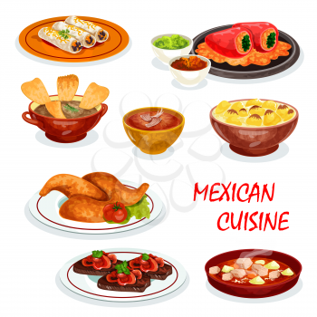 Mexican cuisine dinner icon with appetizer and sauce. Chili and avocado sauce with meat burrito and chicken, stuffed pepper, chicken soup with tortilla and beef steak, meat stew and vegetable soup