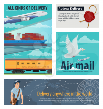 Mail delivery banner for postal service design. Airmail plane, railway post office and packaging delivery cargo ship, postman, letter and delivery tracking world map poster for shipping concept
