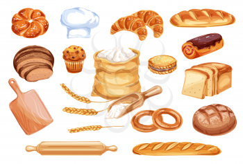 Bread watercolor icon of wheat food product. Loaf of rye and wheat bread, french baguette and croissant, cake, cupcake and toast, cookie, bun and bagel, flour bag, baker hat and wooden rolling pin