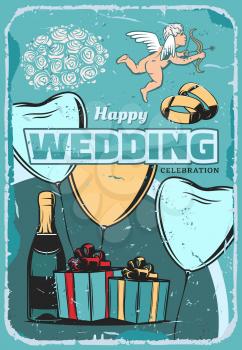 Wedding celebration vintage banner for invitation and greeting card template. Wedding ring, rose flower bouquet and gift box with ribbon bow, heart shaped balloon and bottle of champagne retro poster