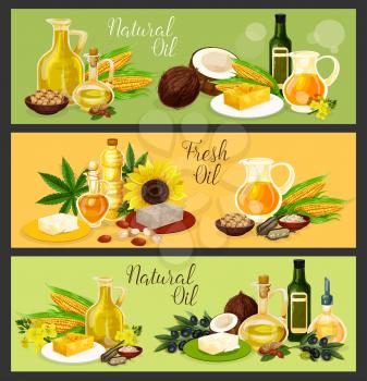 Natural oil banner set with fresh plant seed, fruit, flower and leaf ingredient. Olive, sunflower and corn, coconut, colza and peanut, flax seed and hemp oil bottle and jug poster for food design