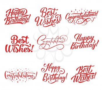 Congratulations hand lettering for greeting card and invitation template. Happy Birthday and Best Wishes calligraphy inscription, decorated by star for celebration party decoration design