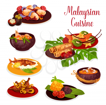 Malaysian cuisine icon of dinner with exotic fruit dessert. Rice with chicken curry, beef stew rendang and grilled fish, fried spring roll, egg in curry sauce, seafood noodle and shrimp papaya soup