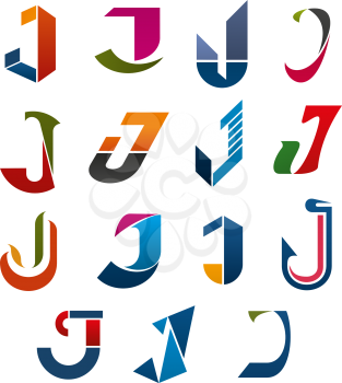 J letter icons template for corporate or business company and brand name emblem. Vector letter J set in different abstract geometric shapes and colors for creative or industrial trendy label design