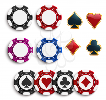Casino poker chips or gambling tokens with playing cards suits. Vector isolated poker game chips with hearts, spades or diamonds and clubs suit for online casino poker slot machine or internet bets