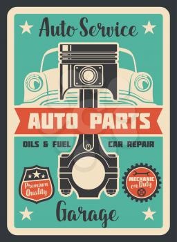 Vector poster car service. Auto service design banner. Auto parts and garage concept. Vintage design for car repair service company. Oils and fuel vintage design. Spare parts for car, tools, star and gear on poster