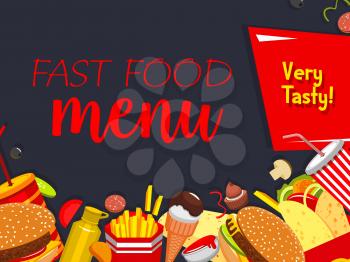 Fast food poster for fastfood restaurant menu template of burgers, pizza or hot dog and fries. Vector cinema bistro coffee and soda drink, pizza and popcorn or cake and donut dessert