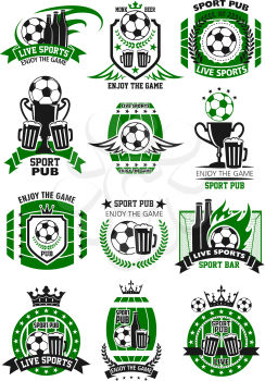 Soccer sports bar icons template for football championship pub menu. Vector isolated design set of beer barrel and craft beer glass, soccer ball at arena stadium and soccer champion royal crown