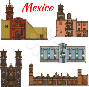Mexico architecture landmarks and famous buildings facade line icons. Vector set of Mexican cathedrals and monastery of Real Capella chapel, Santa Monica and Prisca or San Francisco church
