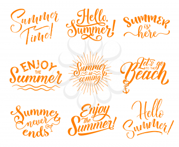 Hello Summer hand drawn lettering icon set for greeting card design. Summer Season Holidays celebration calligraphy text with sun beam, sea water wave and cocktail for beach party invitation template