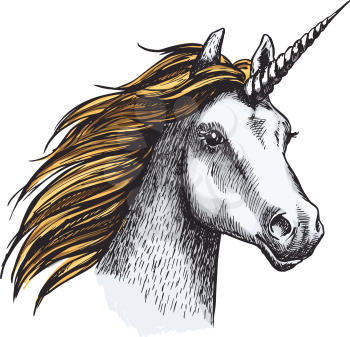 Unicorn with long horn and golden mane isolated sketch. Horned horse head of fairy animal or magic creation for tattoo, t-shirt print or medieval heraldry design