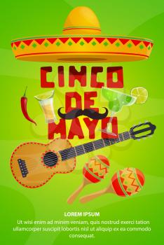 Cinco de Mayo greeting banner with mexican holiday symbols. Fiesta party sombrero, maracas and guitar, chili pepper, jalapeno and tequila festive poster for Latin American Spring Festival design