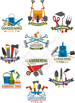 Gardening tool and equipment for garden work isolated icon. Shovel, rake and fork, watering hose and can, axe, saw and wheelbarrow, scissors, cutter and pitchfork symbol for gardener instrument design
