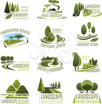 Landscape design studio icon set. Landscaping and gardening service company emblem with summer park green tree, eco park decorative plant, garden lawn and alley for landscape architecture design