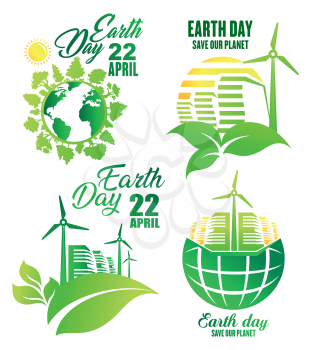 Earth Day icon for ecology and environment protection themes design. Green planet globe with eco nature tree, bio leaf plant and green energy wind turbine isolated symbol for Earth Day celebration