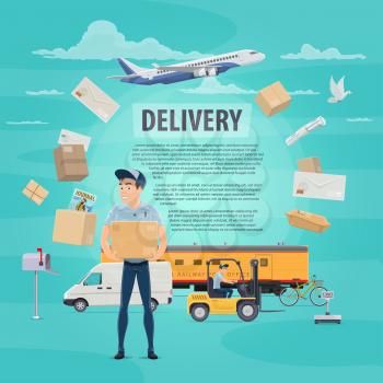 Post mail delivery poster for postage logistics. Vector flat design of postman or mailman delivering letters envelopes and parcels on delivery air air and train transport vehicles for courier shipping
