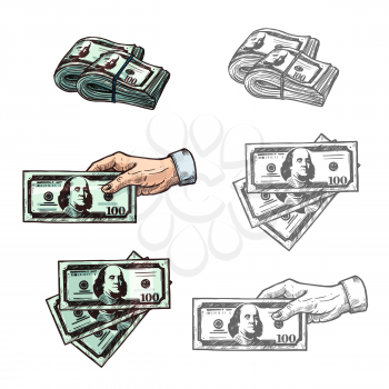 Hand holding money dollar banknotes sketch icons. Vector set of hand taking or giving 100 dollars money bank notes cash packs for payment or withdrawal, banking or finance and currency exchange design