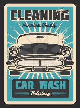Vector poster with vintage car wash service design. Old fashioned advertising for auto washing company. Retro style car washing banner on blue background. Grunge effects and old retro mobile