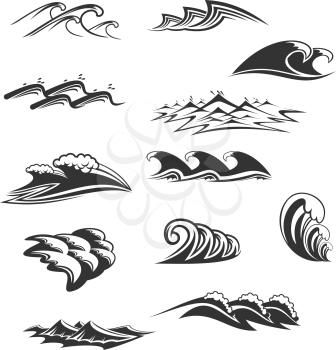 Ocean waves signs black and white colors isolated on white background. Vector set with sea waves and water ripple. Ocean waves, icons for monochrome tattoo. Sea storm wave and nature water emblems