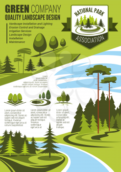 Landscape design green company poster with badge of national park association. Ecology nature tree and plant of eco city garden, forest and square banner of landscaping maintenance and horticulture