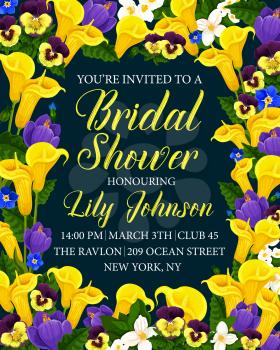 Bridal shower invitation card with yellow, white and magenta flowers on black background. Vector template for Bridal Shower party. Beautiful flowers of callas and crocuses on engagement template