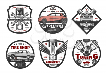 Vector icons for car service or tire shop, isolated on white background. Tuning auto service for cars creative emblems. Autoservice premium quality concept