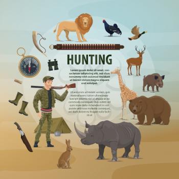 Vector template with wild animals and hunter. Vector poster with lion and giraffe, bear or bull, duck and rhinoceros, hare. Hunting equipment compass and tent, knife and rifle banner for hunting club.