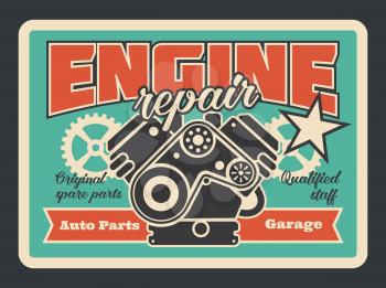Car service and engine repair station vintage poster for automobile shop or mechanic garage. Vector retro design of car engine with piston and cogwheels or star for premium quality car diagnostics