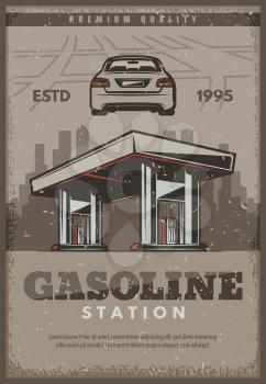 Gasoline station retro poster or car service vintage design for automobile shop or mechanic repair center. Vector gas fuel station for car diagnostics, spare parts store and garage